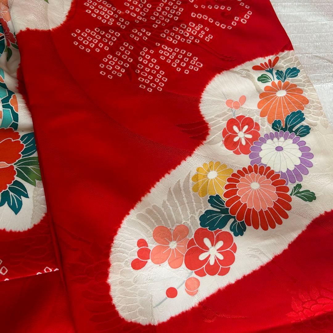 七五三 3歳 総絞り 被布 着物 絹 三歳 赤 草履 753 バッグ 花 レトロ