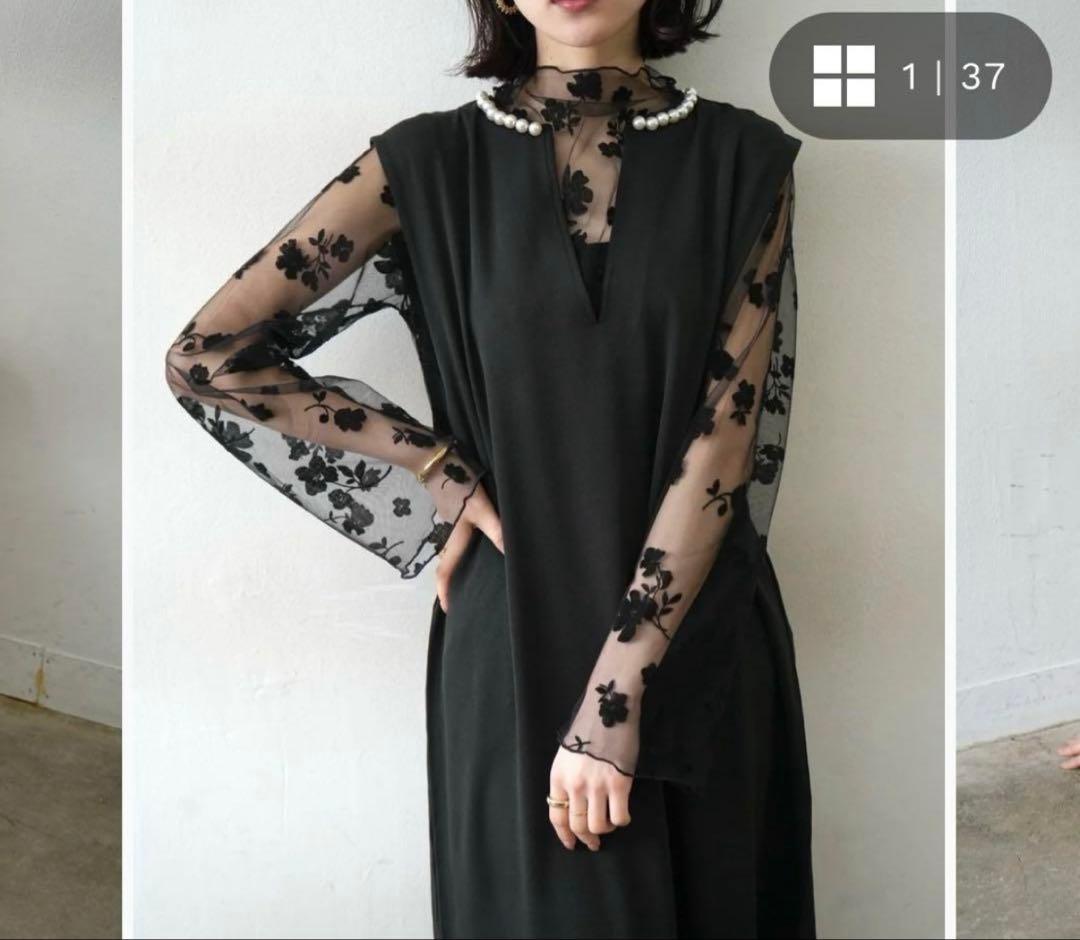 lumier リュミエ パールデザインキー・ネックワンピース　シアートップス　黒