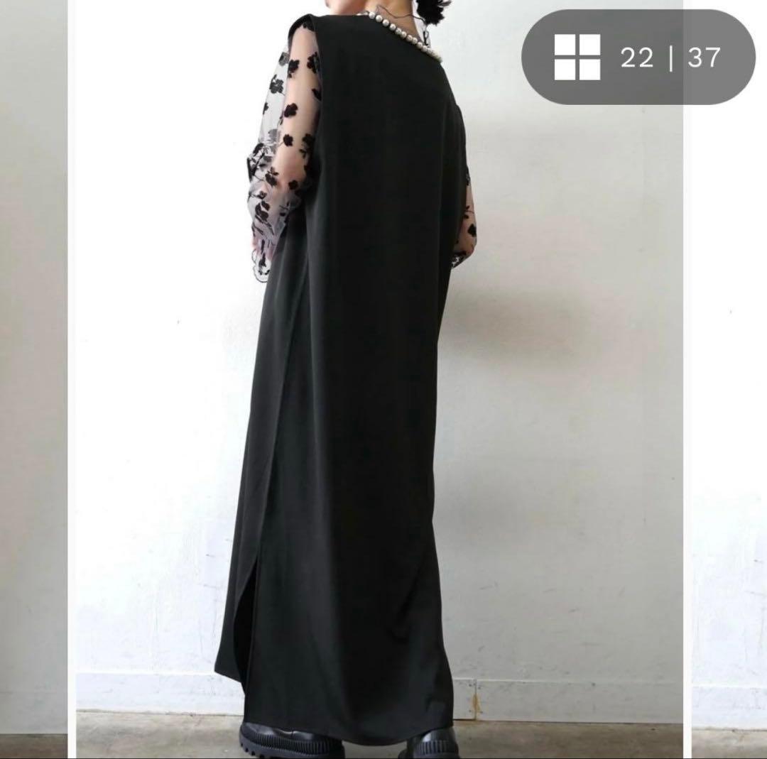 lumier リュミエ パールデザインキー・ネックワンピース　シアートップス　黒