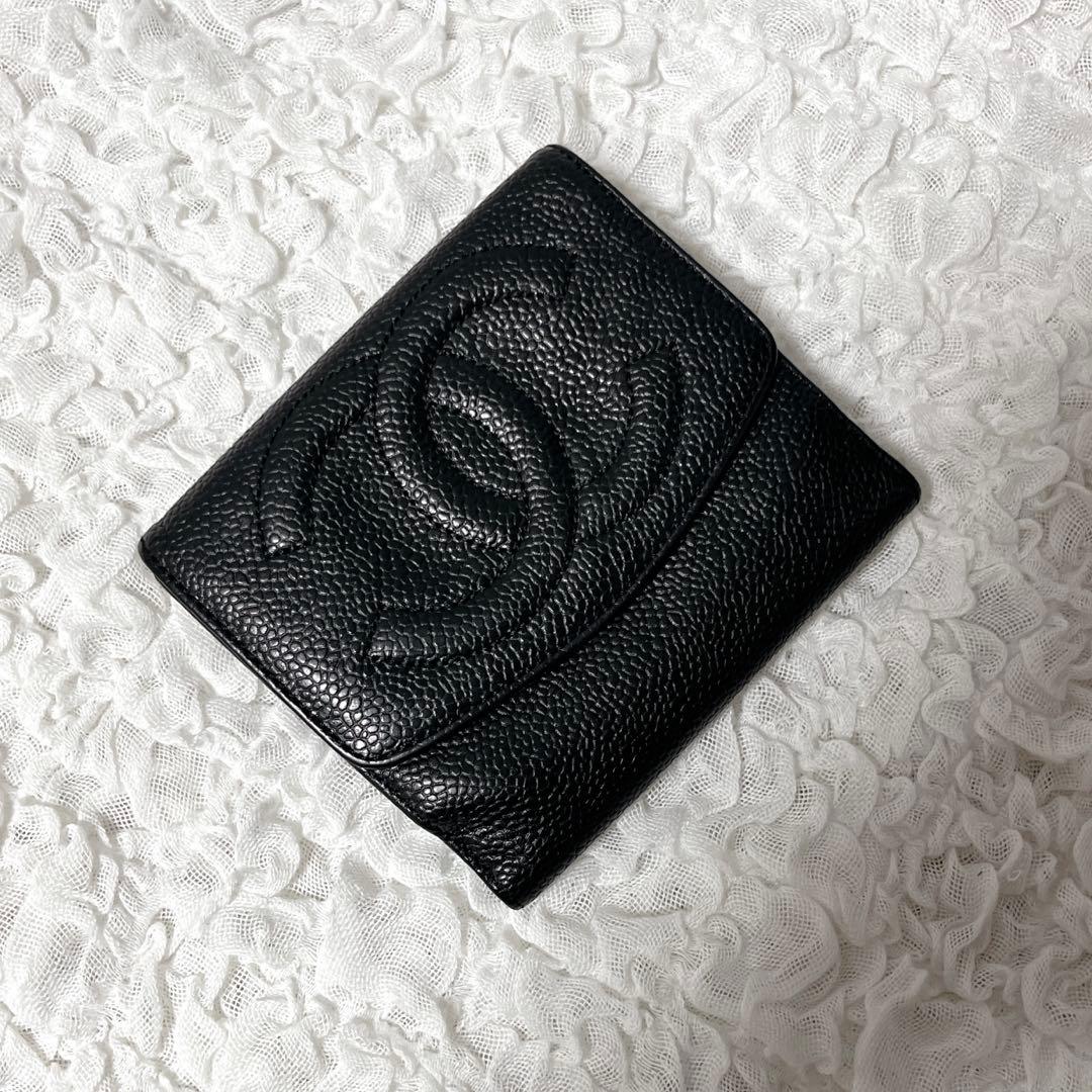 良品✨CHANEL シャネル キャビアスキン 折り財布 ココマーク ブラック