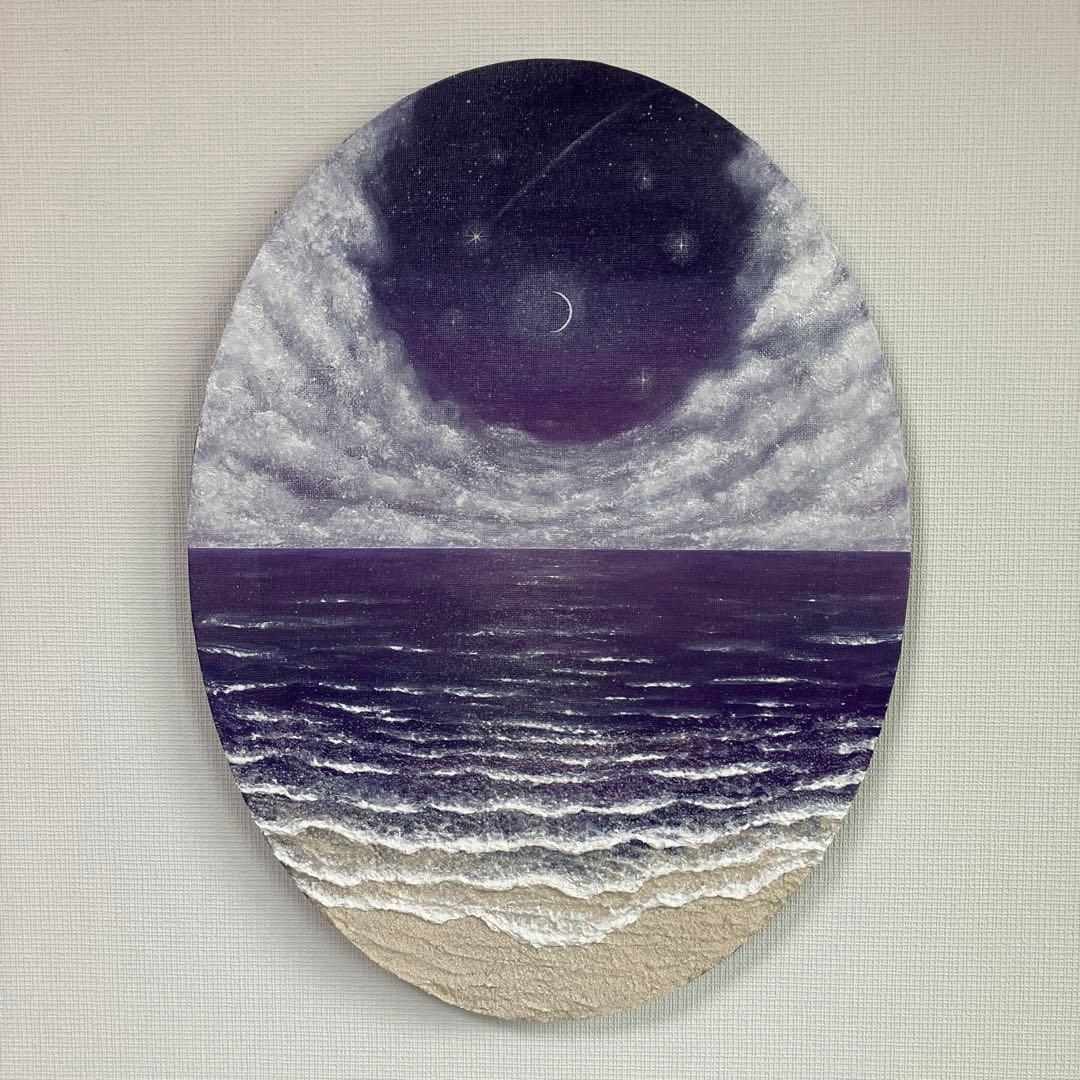 絵画　アクリル画　原画　星降る月夜に願う　海　星月夜　テクスチャーアート　S.I