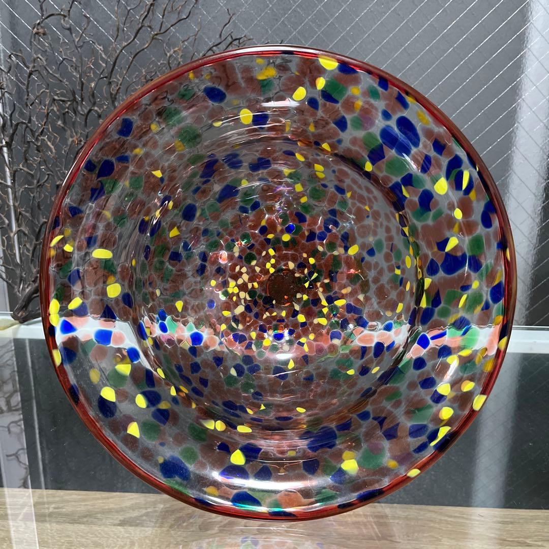 骨董　時代ガラス　希少　金赤吹雪紋　フリル 脚付　大型　コンポート　盃洗