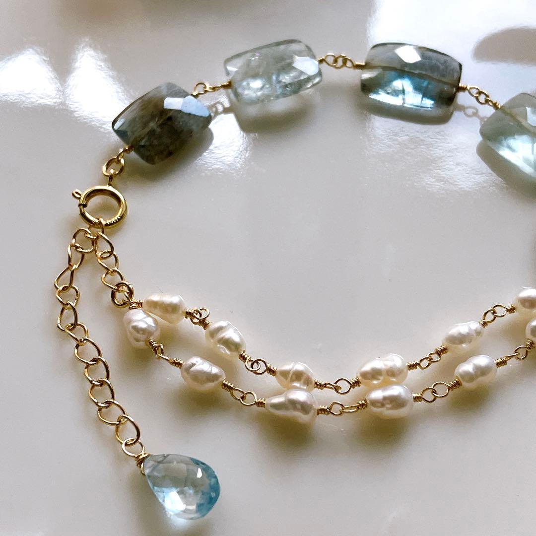 みっちゃん◆レクタングルモスアクアマリン×淡水パールブレスレット