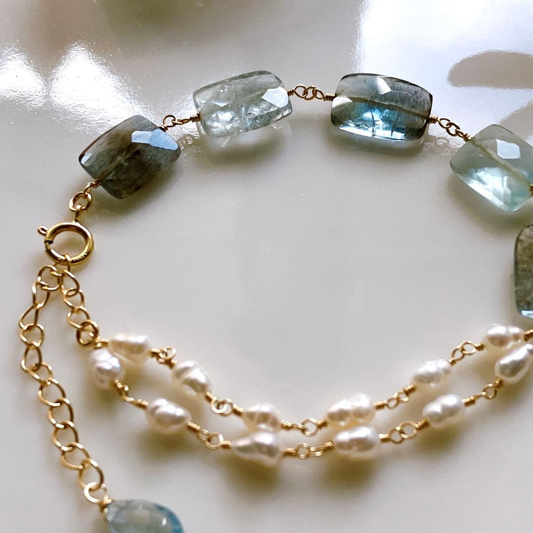 みっちゃん◆レクタングルモスアクアマリン×淡水パールブレスレット