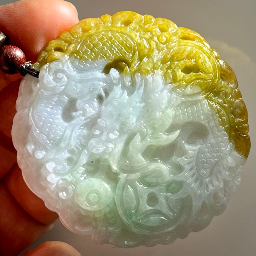 鑑別付 本翡翠 硬玉 A 龍神 招財 彫刻 ペンダント 15.5g 翡翠 一点物