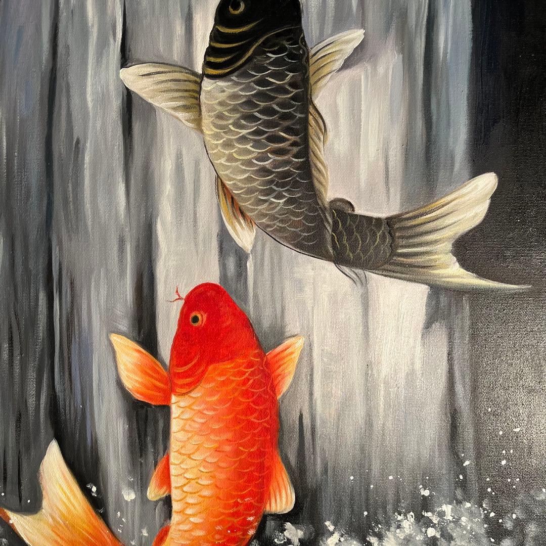 （大型）手書き油絵 鯉の滝登り 肉筆絵画 インテリア 油彩画