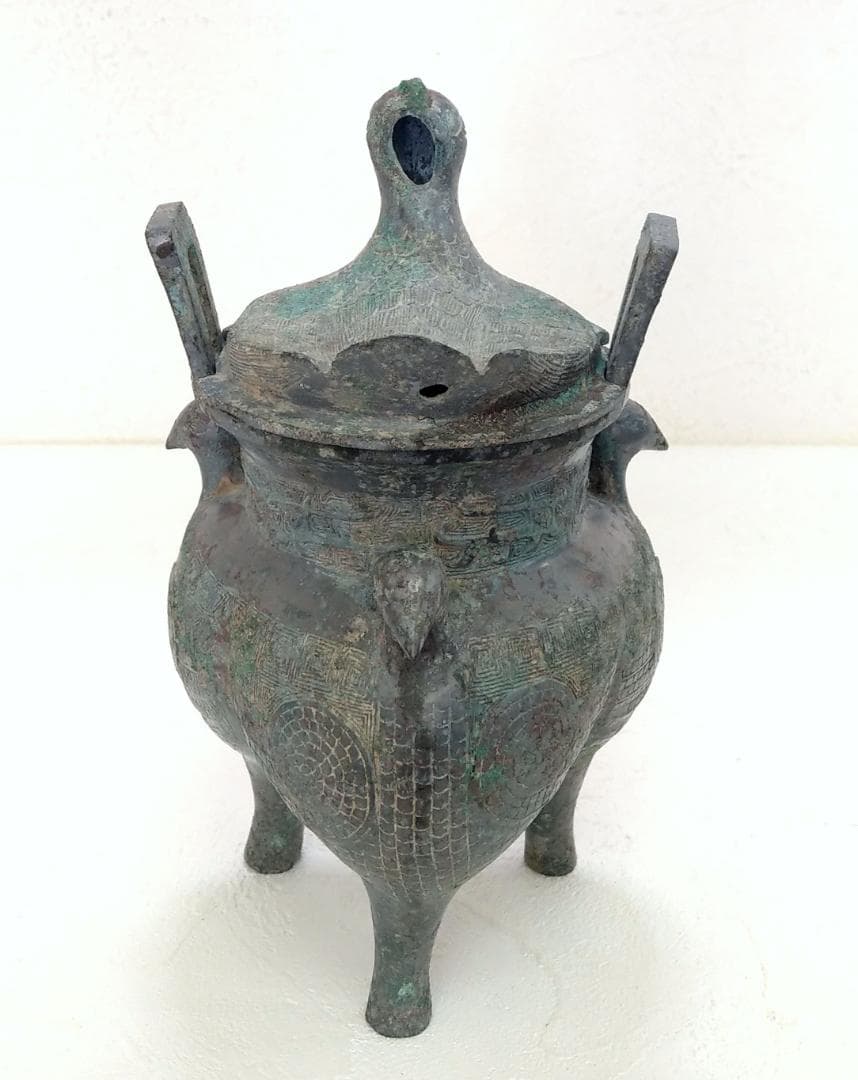 中国 西周青銅器 彫刻 三足 蓋付き 鳥装飾 酒器 高さ21.5cm