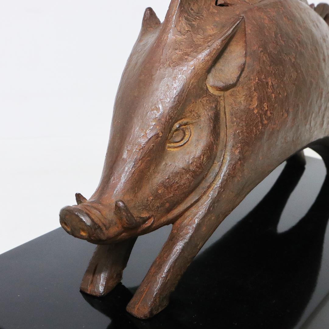 津田永寿 鋳銅製 干支亥「雄風」置物 香炉 台座付 共箱 猪形香爐