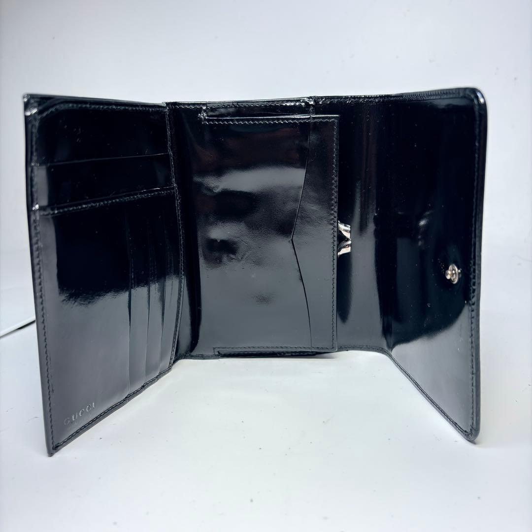 極美品　GUCCI グッチ　がま口エナメルパテントレザー三つ折り財布ブラック黒