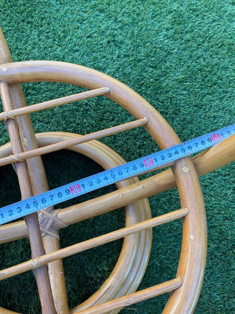 【昭和レトロ】藤 ラタン 丸テーブル　丸椅子セット