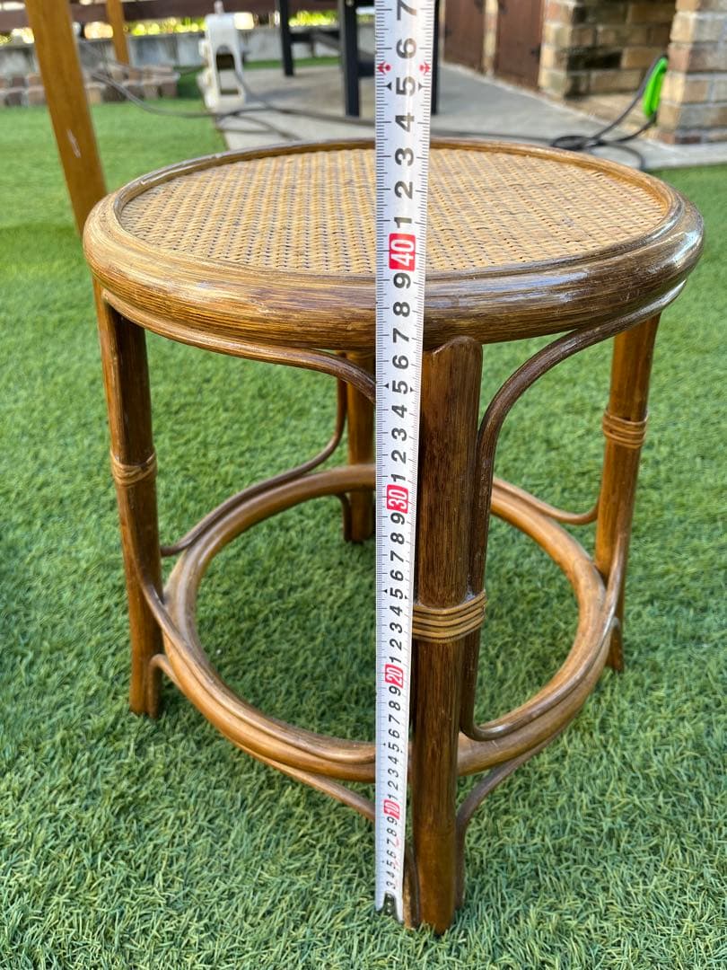 【昭和レトロ】藤 ラタン 丸テーブル　丸椅子セット