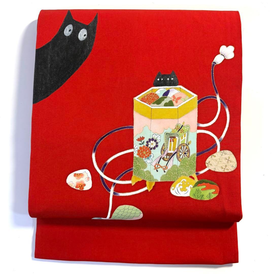 5k2747 名古屋帯　絹　塩瀬帯　猫　赤　黒　ピンク　青　金色　花柄　和装