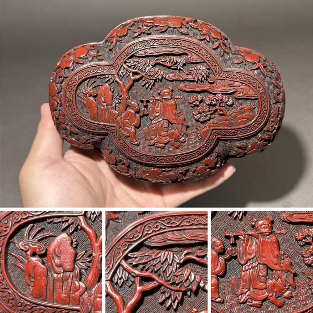 【漆】　★ 漆器 朱漆絵金龍人物紋毛筆 ★　清代　花卉 唐人 描金文様　文房珍玩