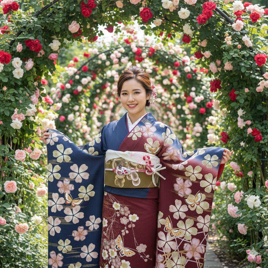 351華やぎ【最終価格】【桜蝶　紺色×ワイン色】【振袖6点フルセット】卒業謝恩会