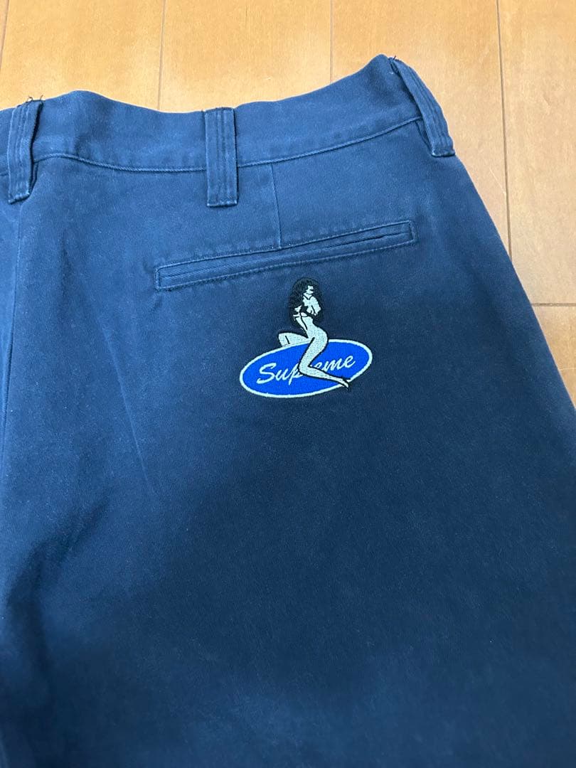 Supreme チノパン 34 刺繍 ネイビー シュプリーム ボトムス
