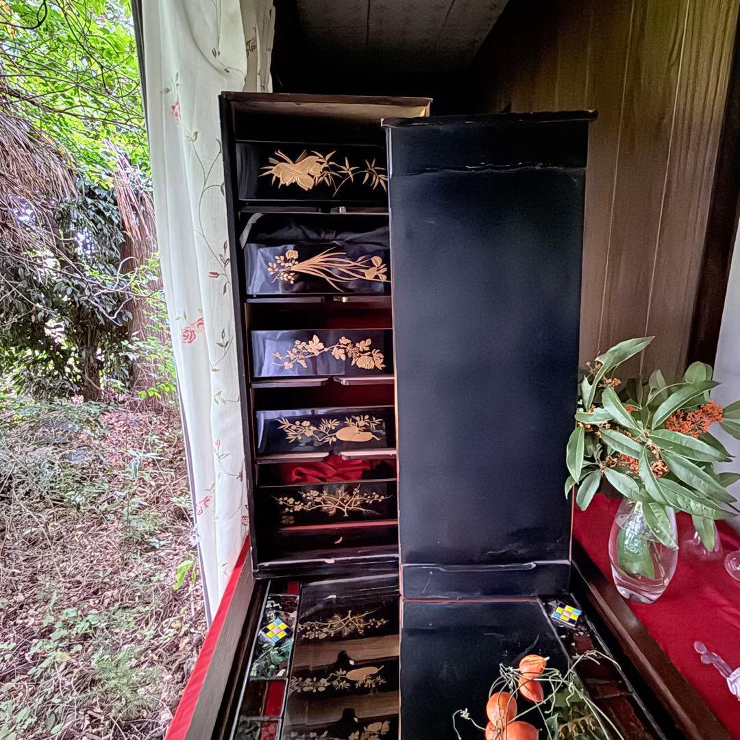 2201様感謝‼️JAPAN研ぎ出し高蒔蒔絵四君子華づくし五段重箱二枚蓋真塗桐箱入