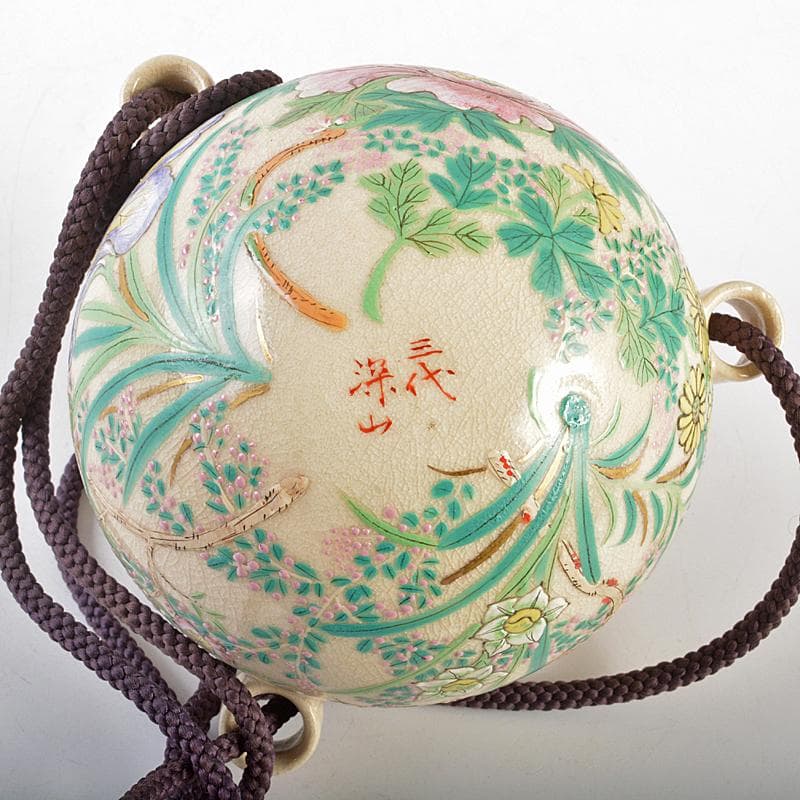 茶道具　京焼　三代　東山深山造　色絵　四季草花文　吊香炉　共布共箱　MR7382