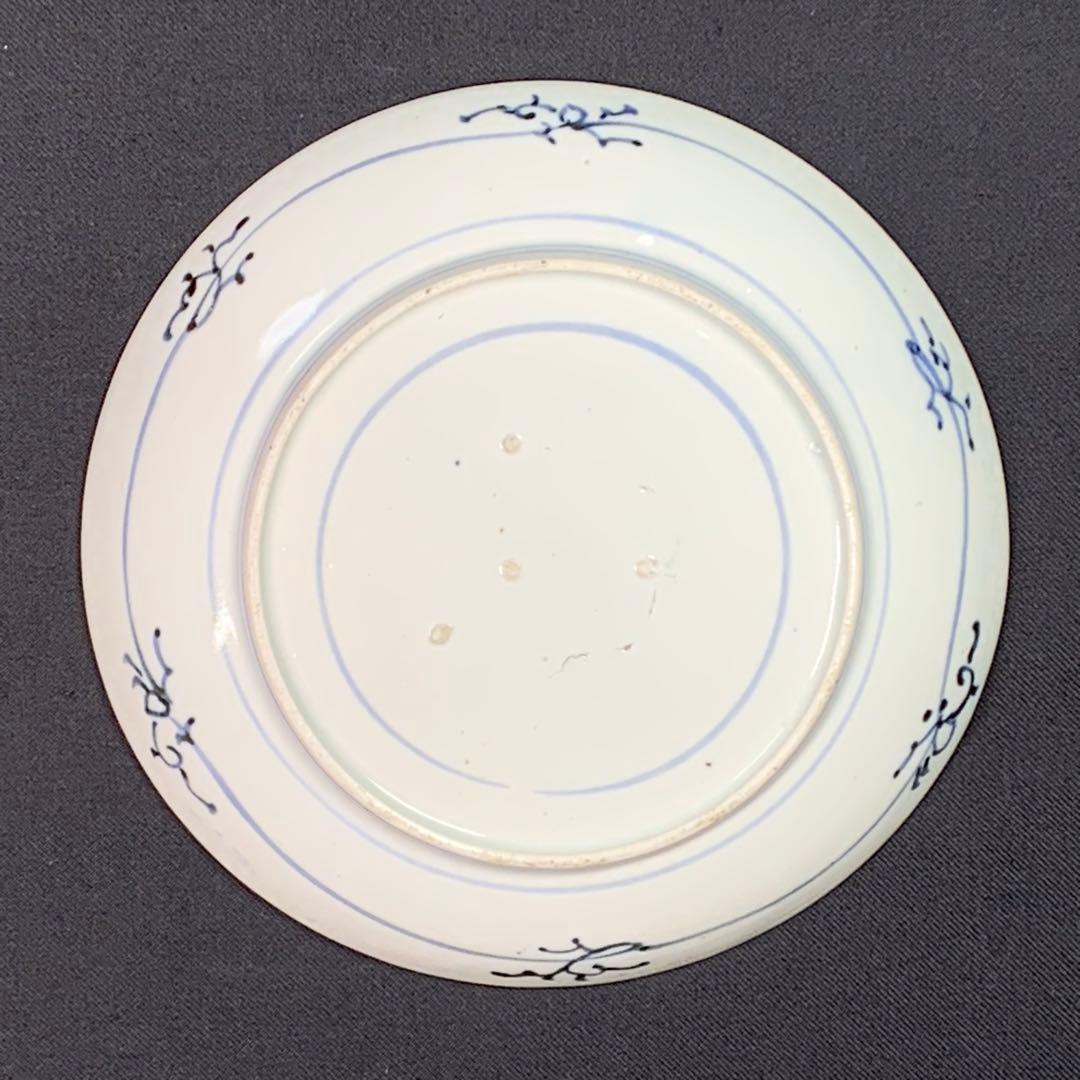 K613⭐︎藍九谷 雲に水辺の鳥文 六寸皿 墨弾き 完品 中皿 古美術