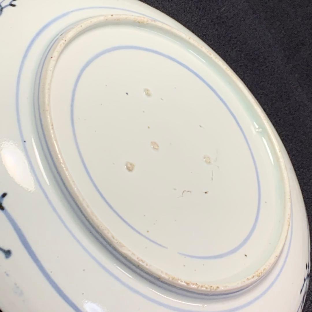 K613⭐︎藍九谷 雲に水辺の鳥文 六寸皿 墨弾き 完品 中皿 古美術