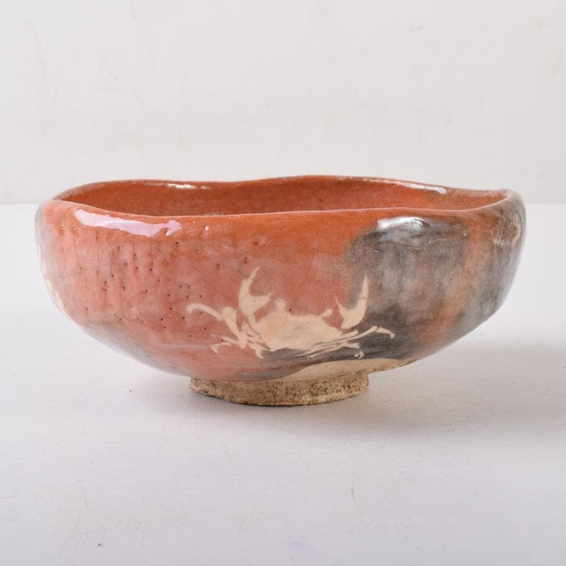 茶道具　楽焼　小川長楽造　花蟹文　赤楽平茶碗　夏茶碗　時代箱　C　7393