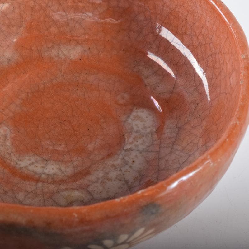 茶道具　楽焼　小川長楽造　花蟹文　赤楽平茶碗　夏茶碗　時代箱　C　7393