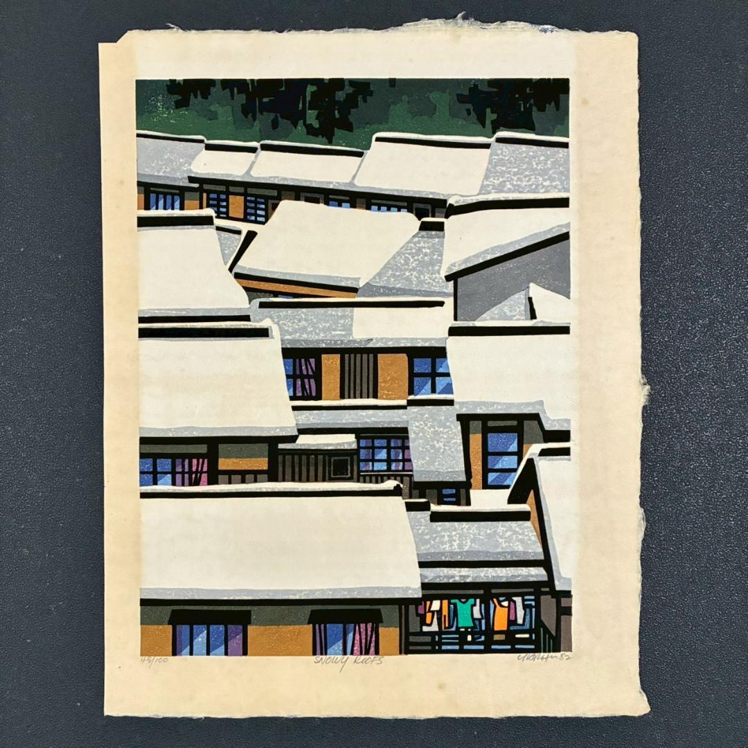 クリフトン・カーフ「雪の屋根」木版画 直筆サイン入 1982年 京都 人気作家