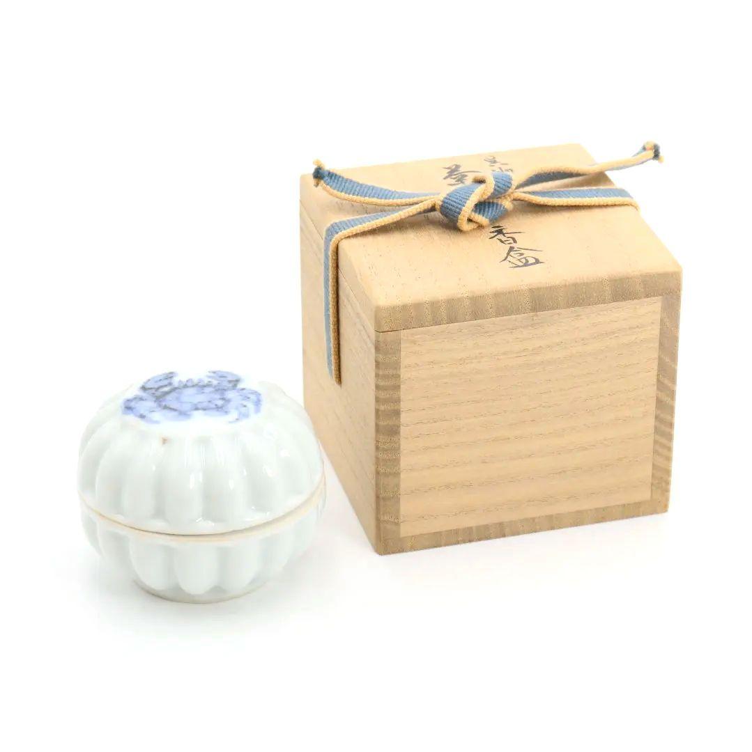 須田菁華作 呉須蟹絵香合 染付 茶道具 共箱　AY339　NT2