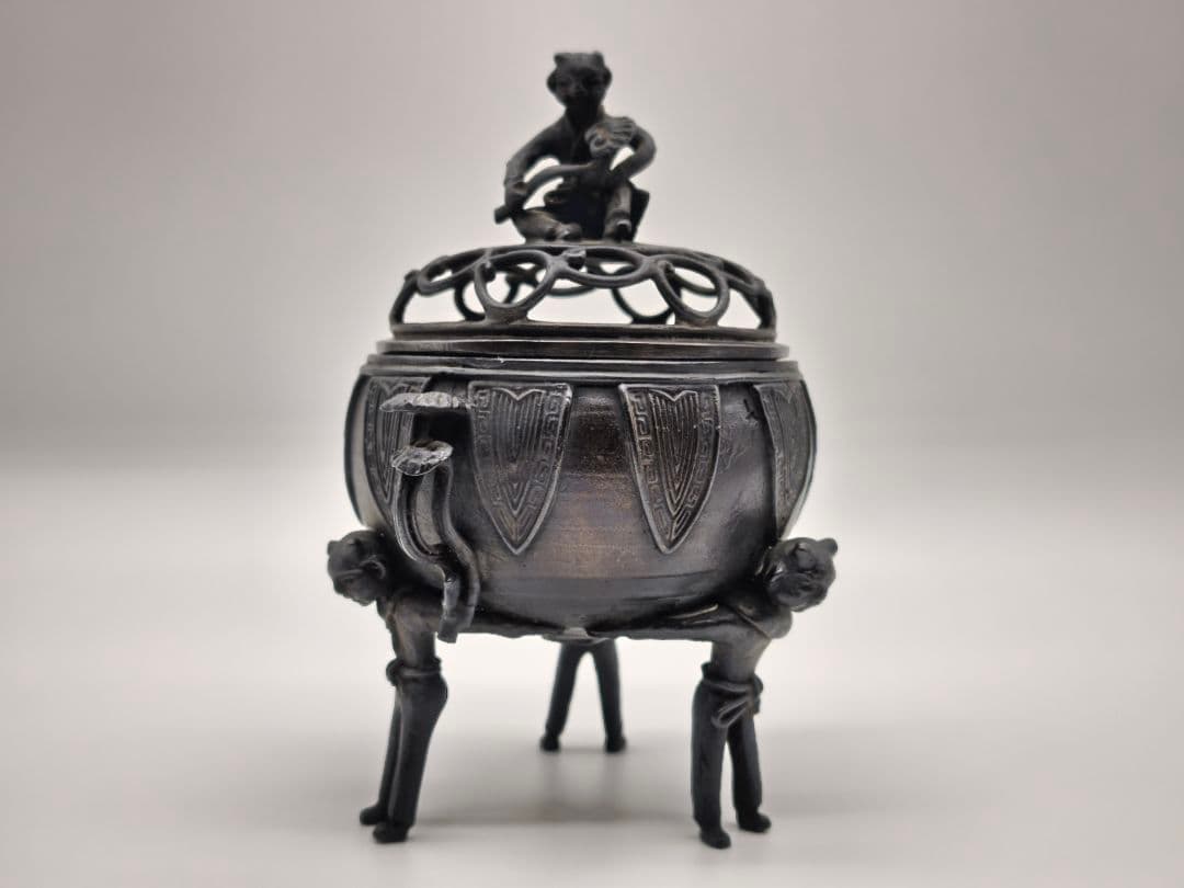 織田幸銅器 須賀月芳作 青銅製 香炉 玉型 霊芝耳 唐子足 螺鈿模様