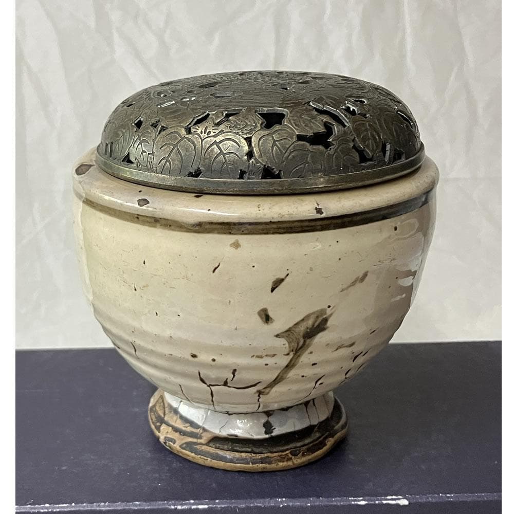 w149 中国古陶磁 鉄絵 香炉 銅製 火屋 中国古美術 茶道具