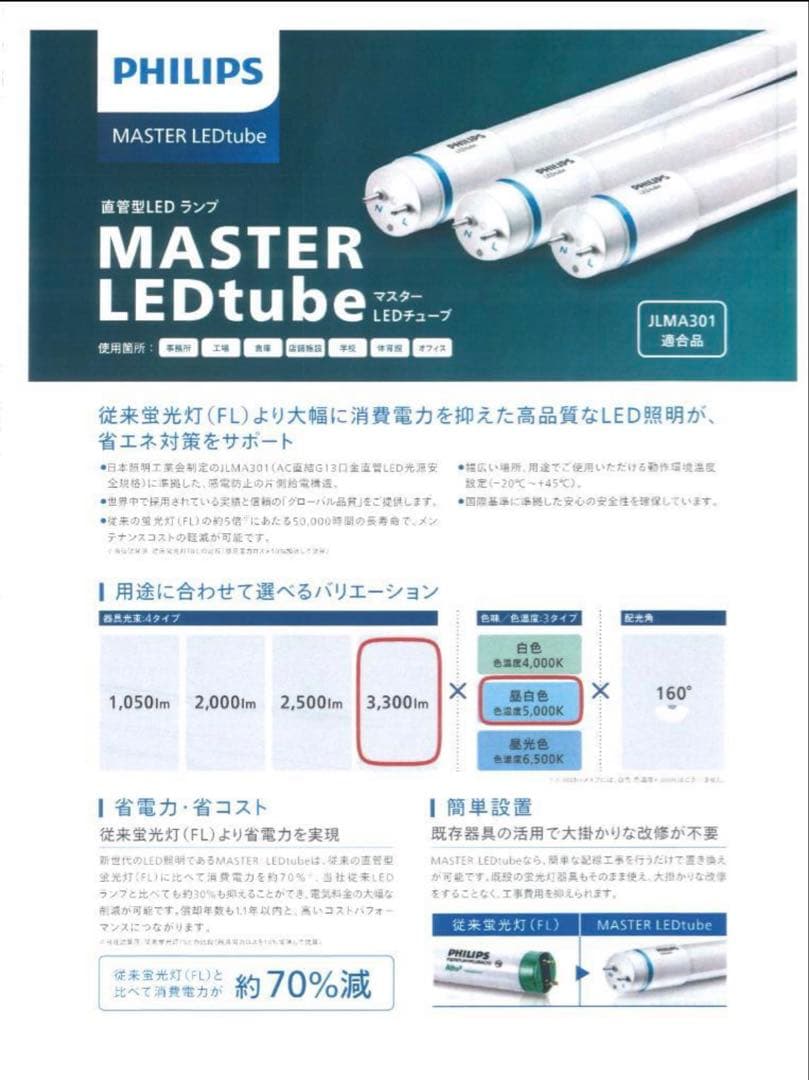 フィリップスLEDランプ40型3300lm昼白色20本（特価12月20日まで）