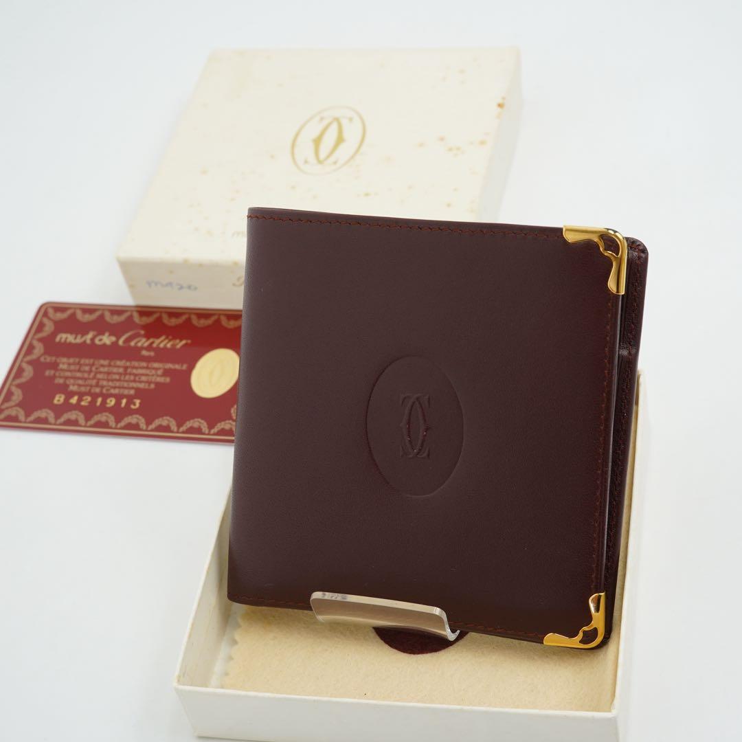 ✨未使用・付属品完備✨　カルティエ　二つ折り　マストライン　レザー　ボルドー