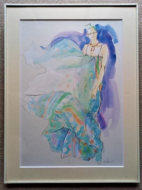 Akiサイン　「ファッション」　鉛筆デッサンに水彩画　　真作