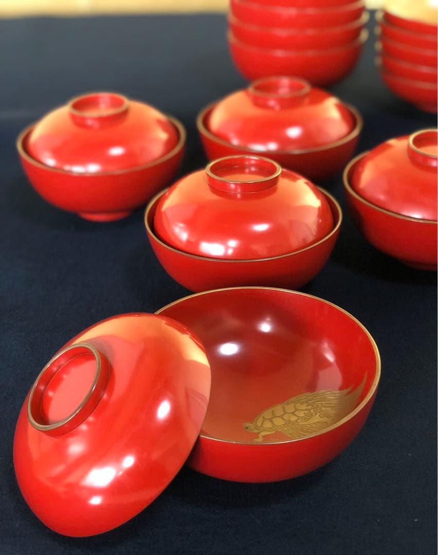 《レ》朱塗 鶴亀蒔絵 蓋内金 吸物椀5客 木製漆器 時代　251110う5