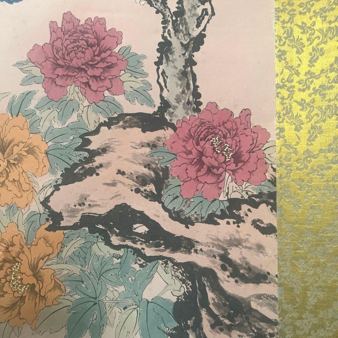 掛け軸　絹本掛軸　花鳥　牡丹　梅　在銘 落款 当時物 掛軸 錦雲　アンティーク