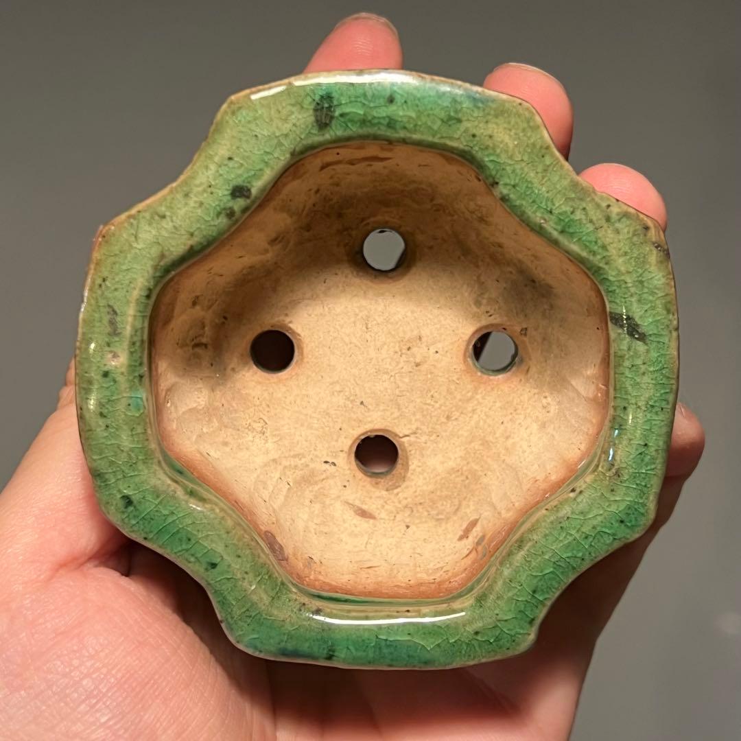796.獅子丸 緑釉隅角正方 盆栽鉢 植木鉢 7.8*7.8*4.1cm