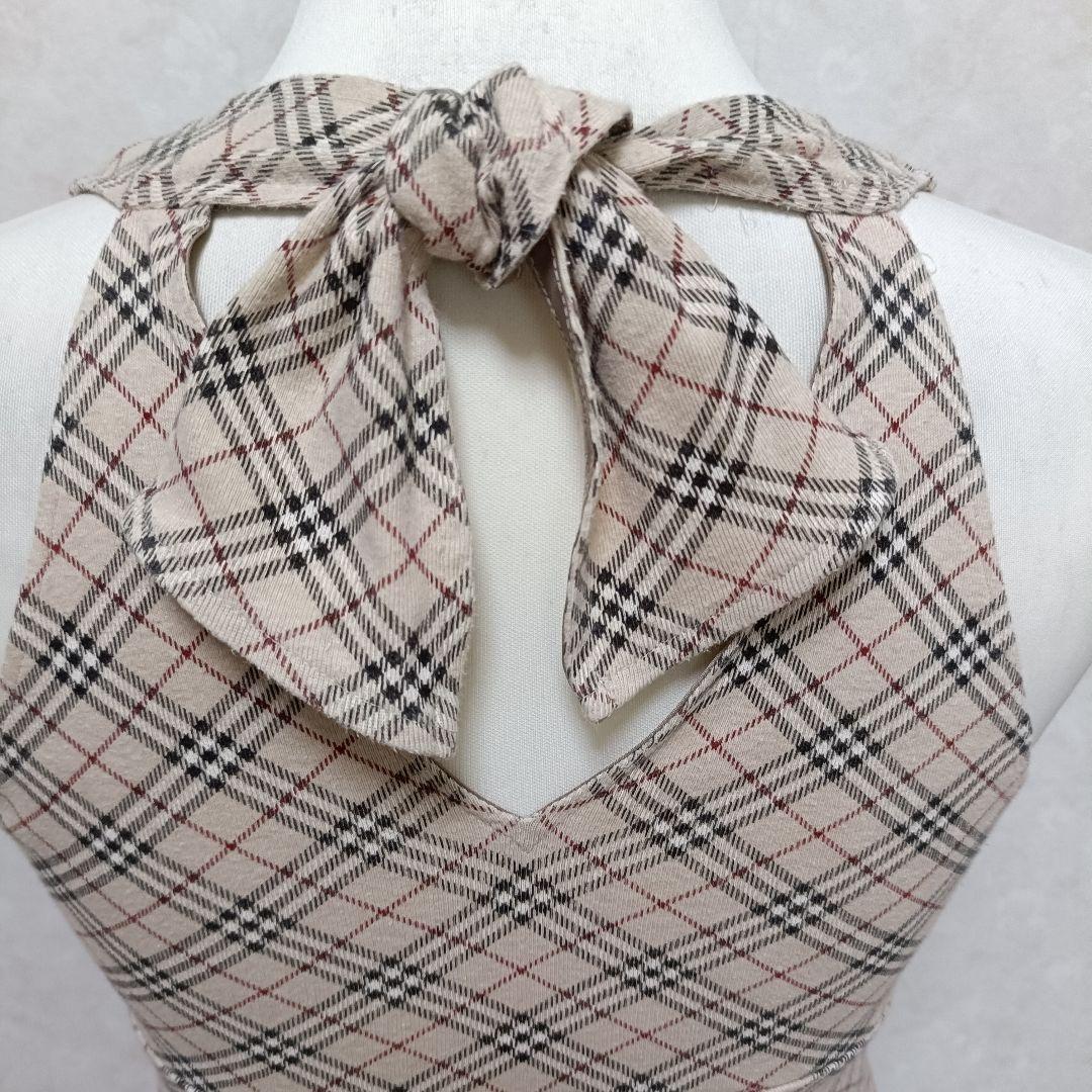バーバリーブルーレーベル ホルターネック風カットソー ノバチェック ホース刺繍