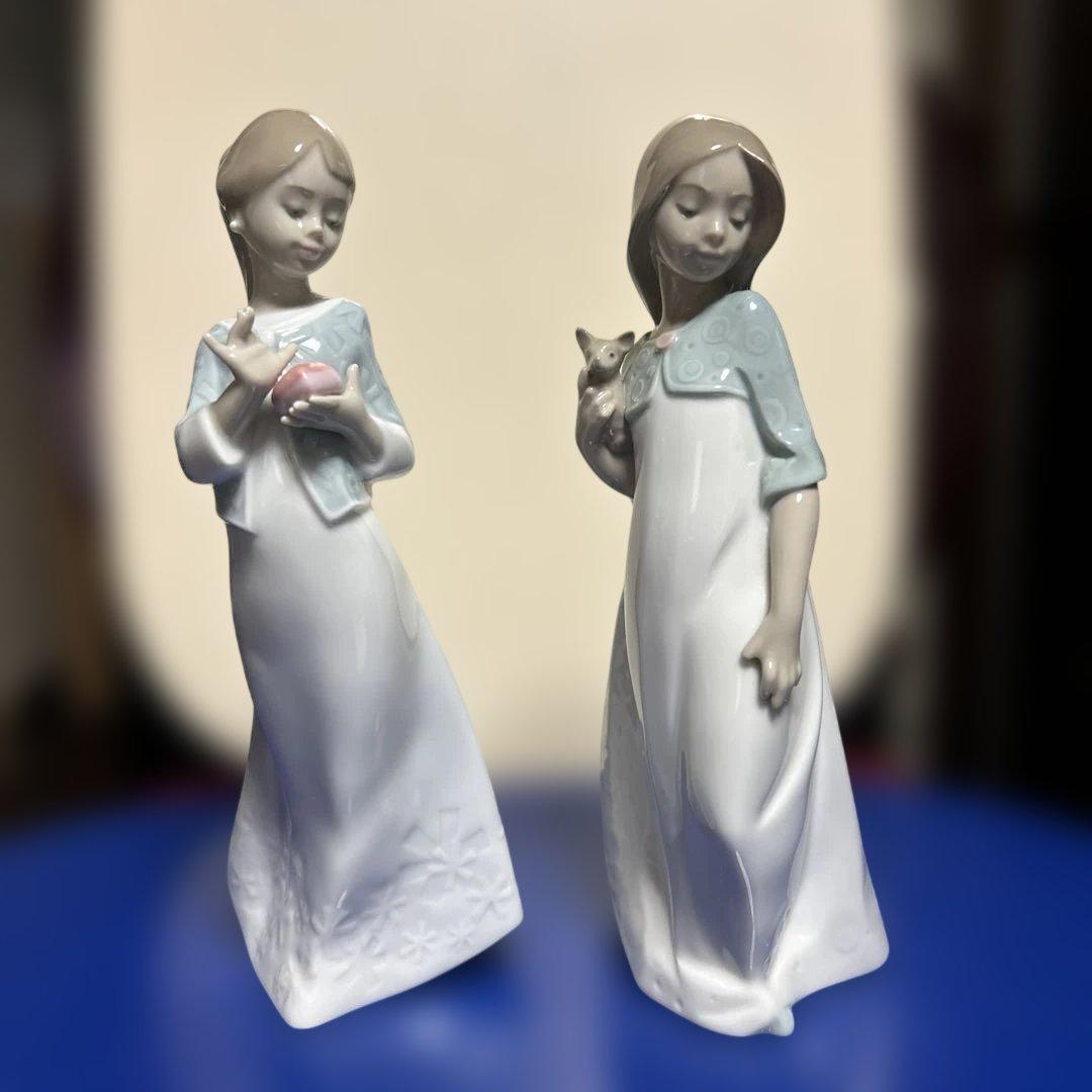 美品　NAO陶器製少女像 青いショール 2セット　高さ22cm