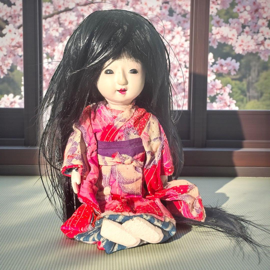 市松人形 明治後期 市印 朱印 三つ折れ 単色黒目 ガラス目 縮緬 着物 伝統工