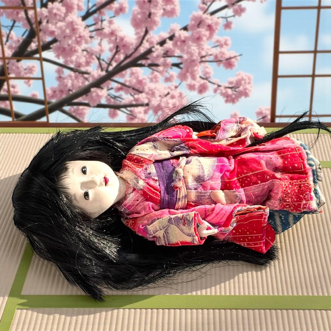 市松人形 明治後期 市印 朱印 三つ折れ 単色黒目 ガラス目 縮緬 着物 伝統工