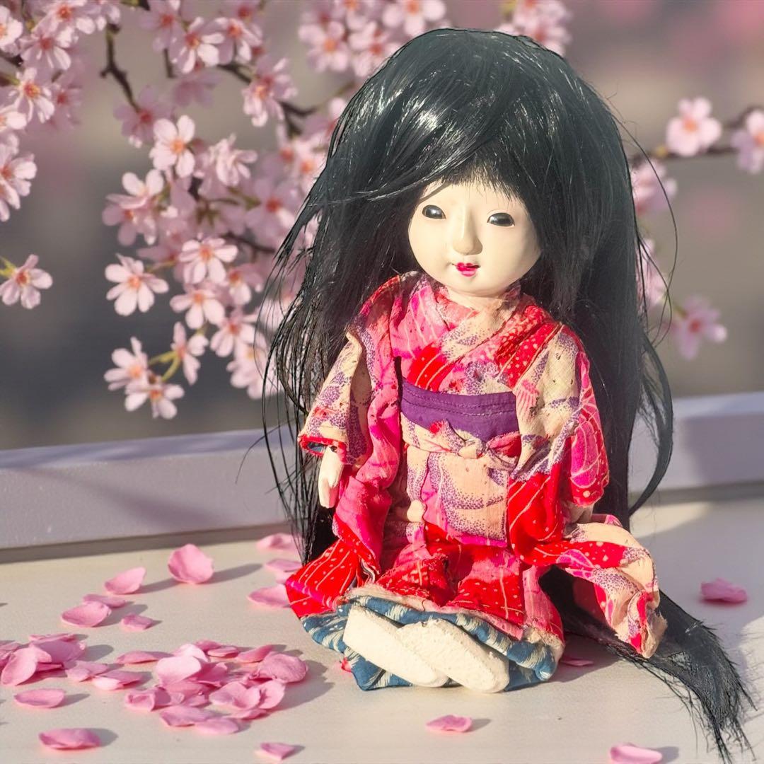 市松人形 明治後期 市印 朱印 三つ折れ 単色黒目 ガラス目 縮緬 着物 伝統工