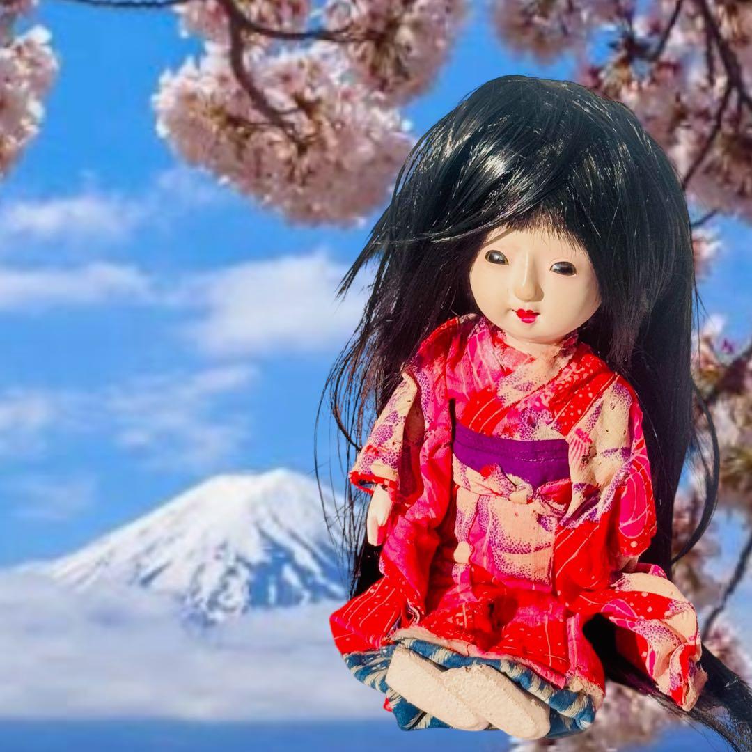 市松人形 明治後期 市印 朱印 三つ折れ 単色黒目 ガラス目 縮緬 着物 伝統工