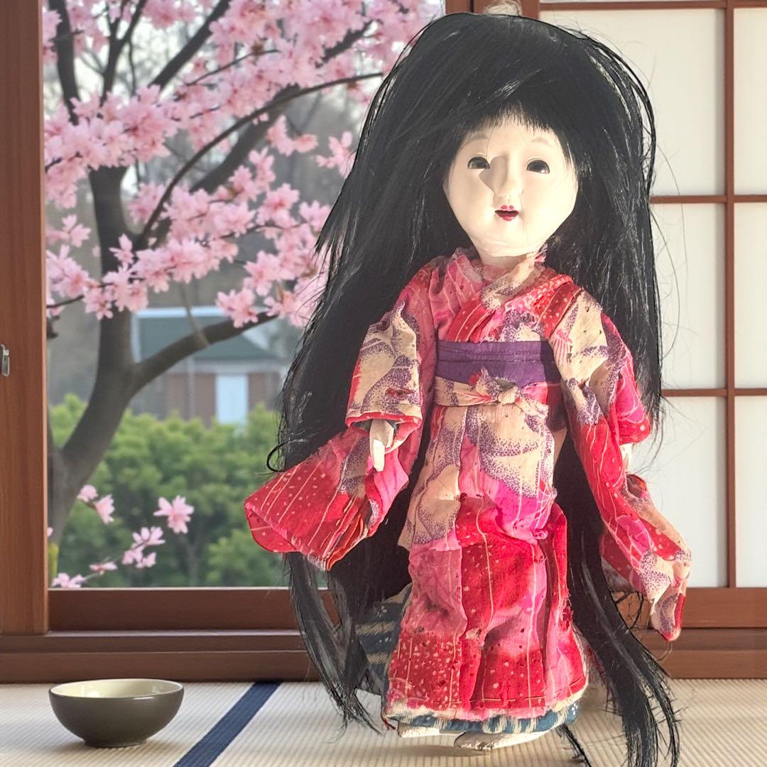 市松人形 明治後期 市印 朱印 三つ折れ 単色黒目 ガラス目 縮緬 着物 伝統工