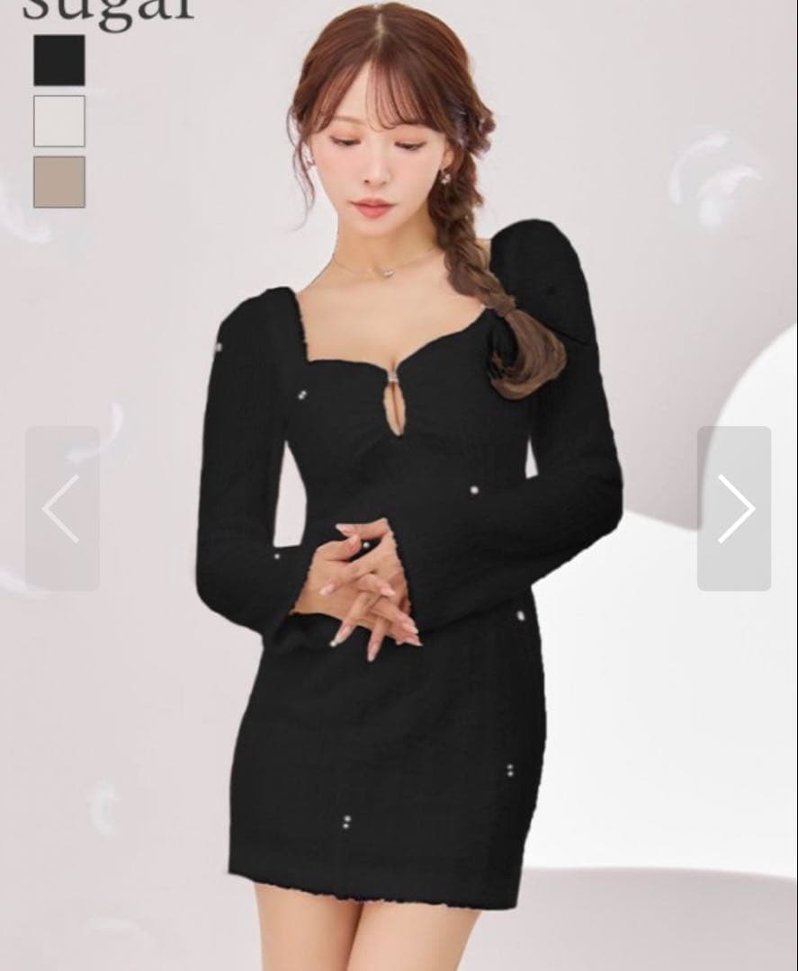 フェザーニット/ パール付き/ ロングスリーブキャバドレス