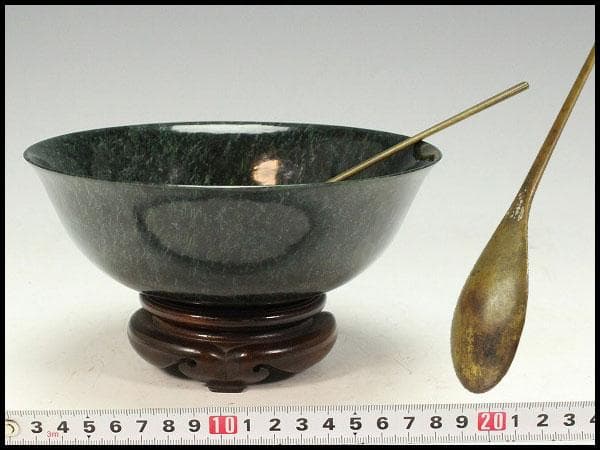 中国美術 壁玉 碗 台 匙付 時代物(K-A385)
