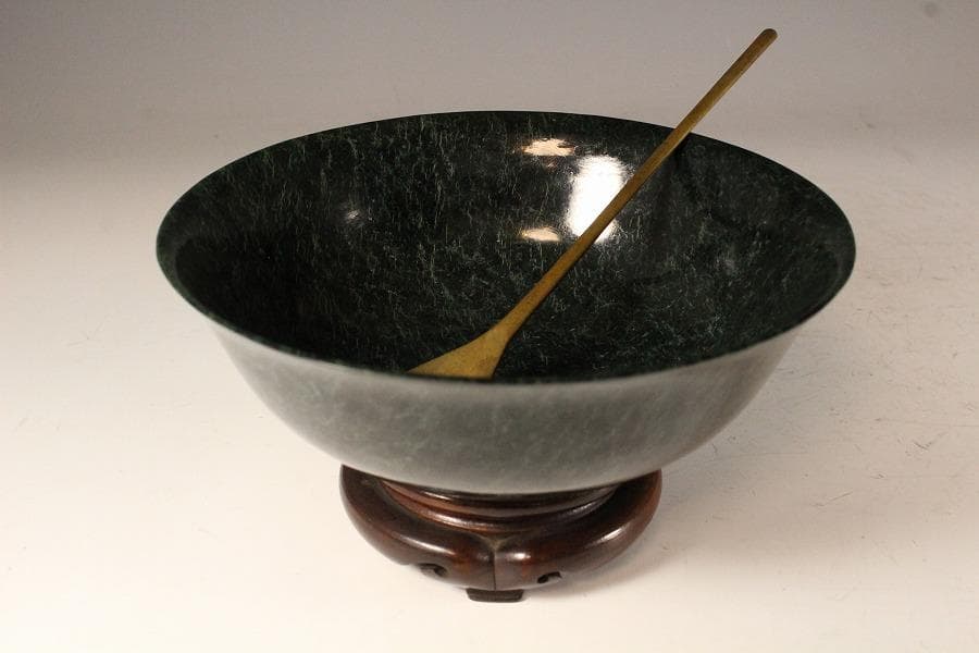 中国美術 壁玉 碗 台 匙付 時代物(K-A385)