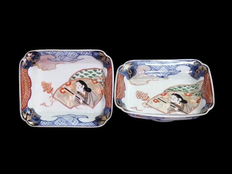 古伊万里　色絵　青海波にお福さんの図　角皿 ２客　C084AS-DAa