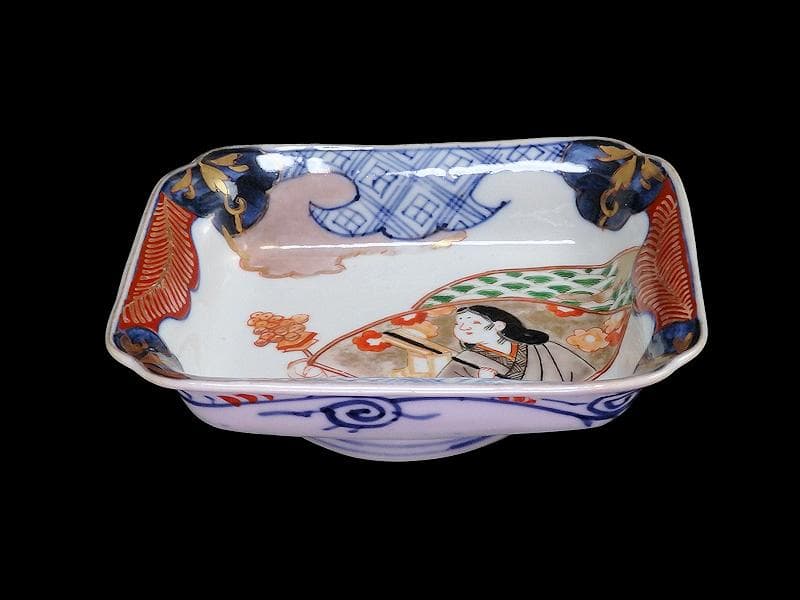 古伊万里　色絵　青海波にお福さんの図　角皿 ２客　C084AS-DAa