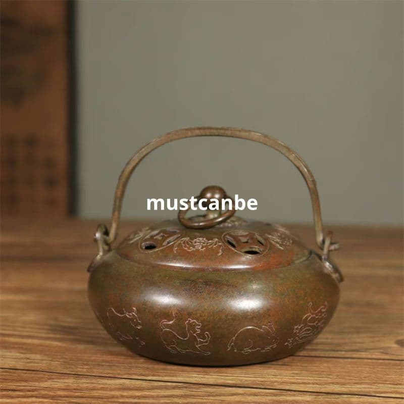 銅器 香炉 十二支八卦提梁炉 暖手炉 室内薫香炉 香道具 工芸品 置物