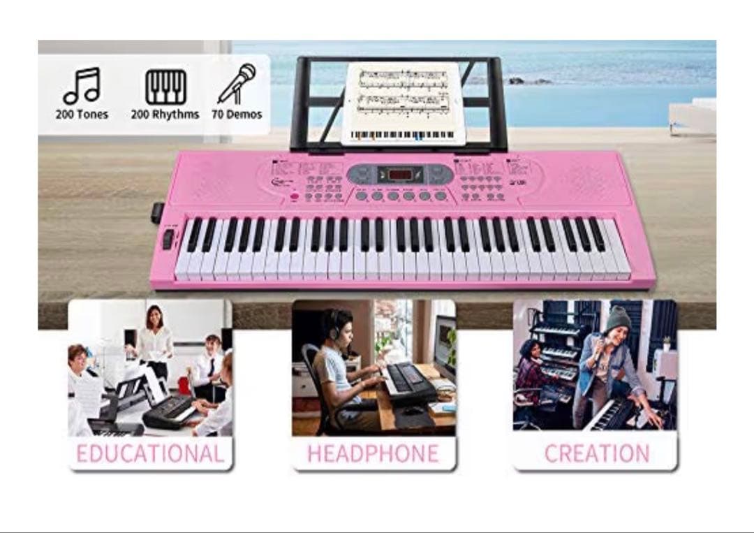 電子ピアノ　ピンク　初心者向け　USB充電＆電池給電式