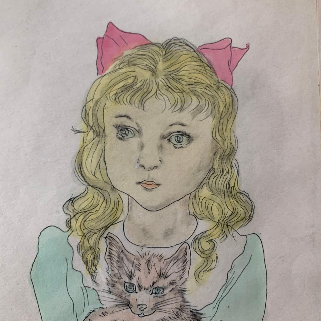 藤田嗣治　模写　水彩肉筆画　P6相当　サイン有り　裏板鑑定あり『猫を抱いた少女』